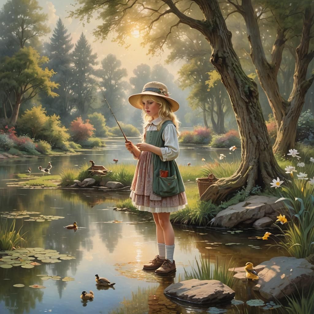 Girl Fishing: Ethereal Oil Painting by Gurney