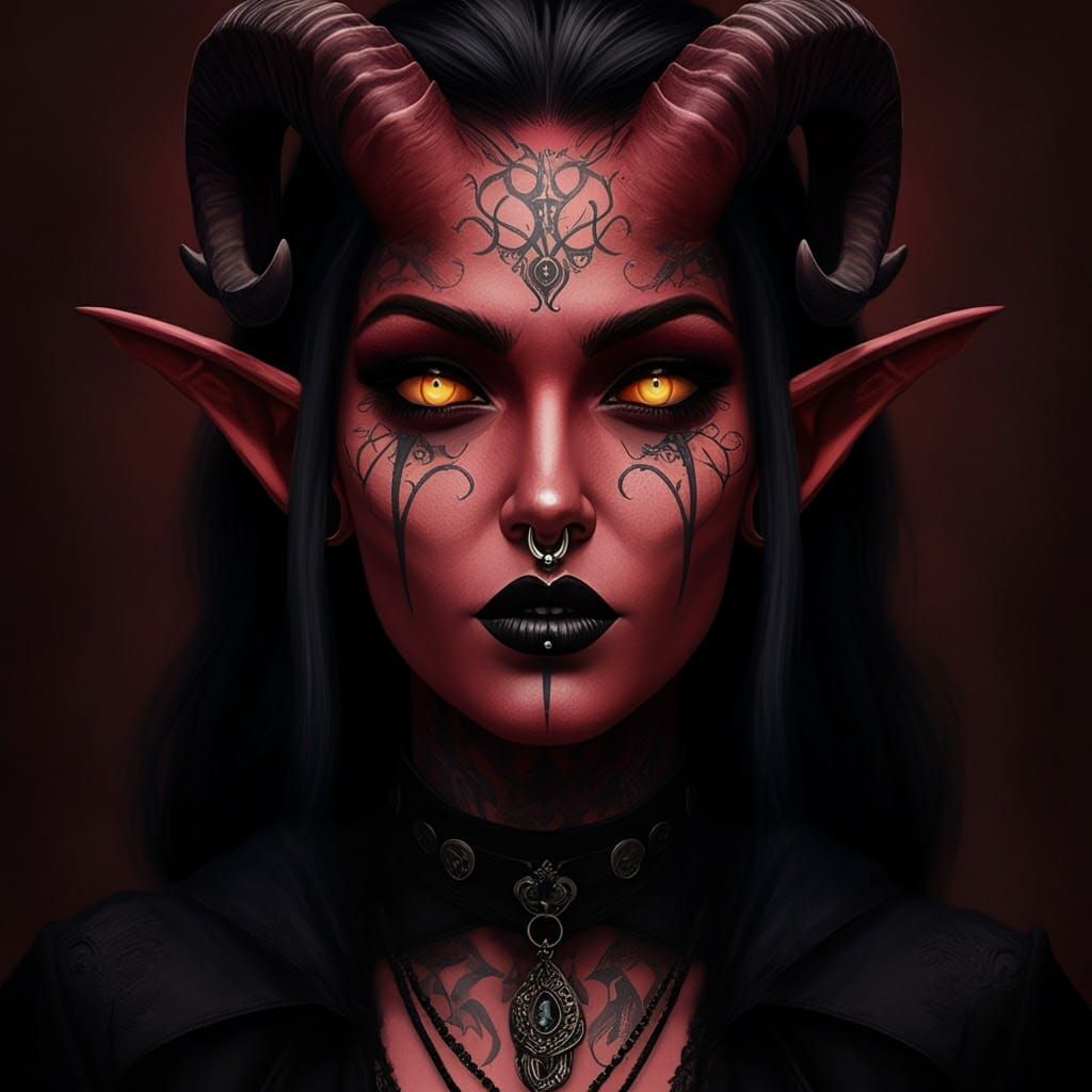 Gothic Tiefling Woman Portrait with Tattoos