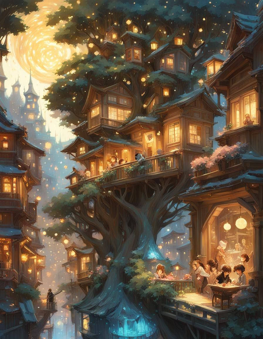 Luminescent Fairy Town with Chibi Bird, Digital Art