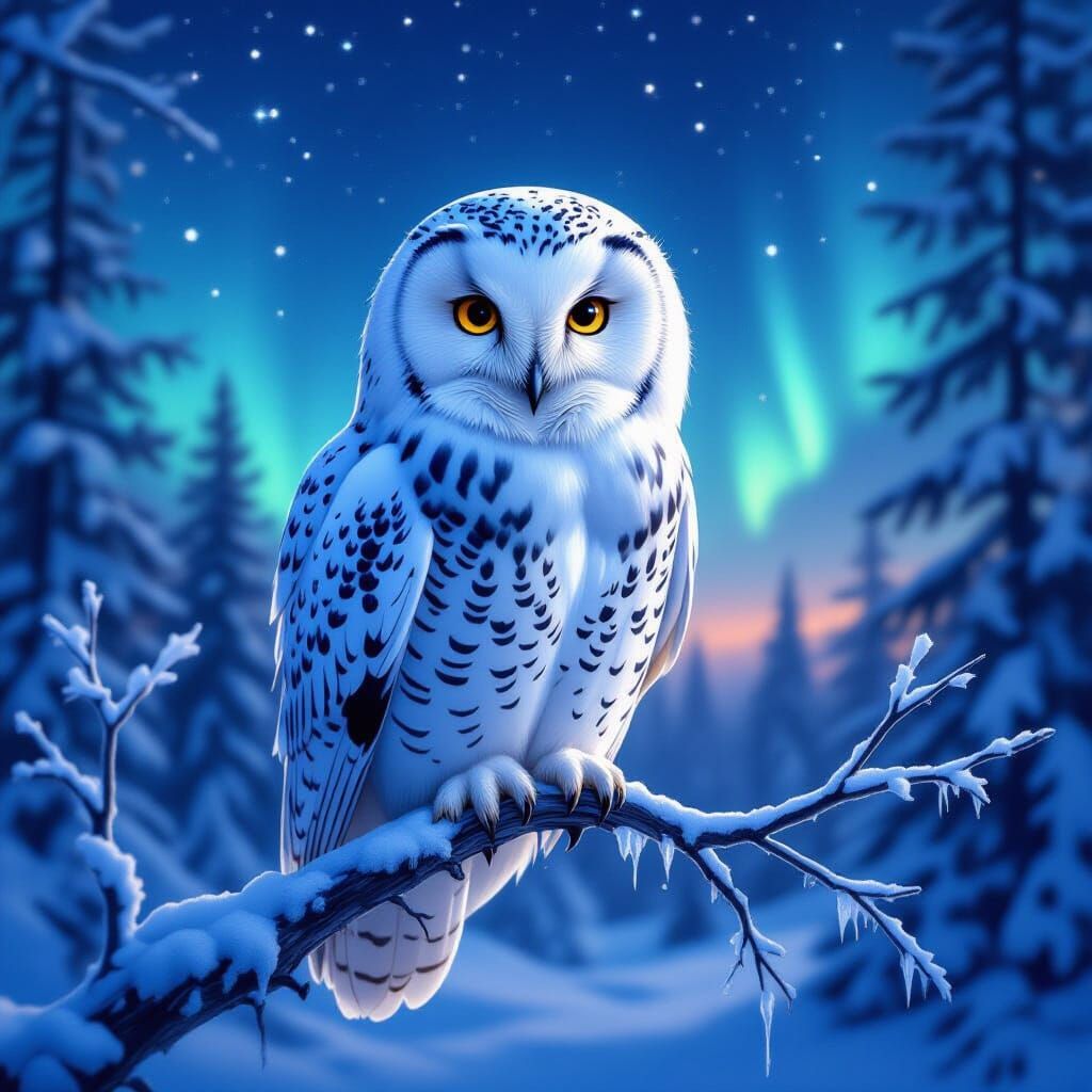 Majestic Snow Owl in Frozen Forest with Aurora