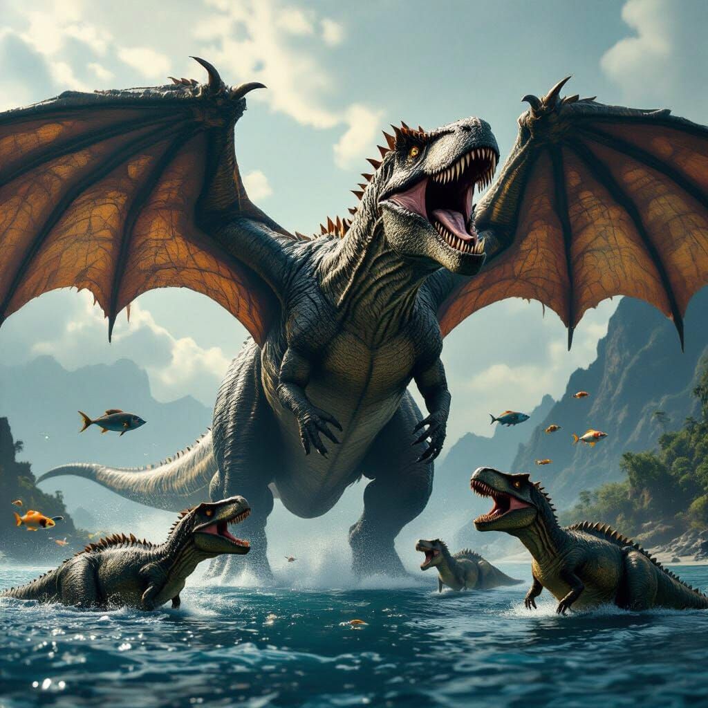 Colossal Winged Dinosaur Roaring Over the Ocean