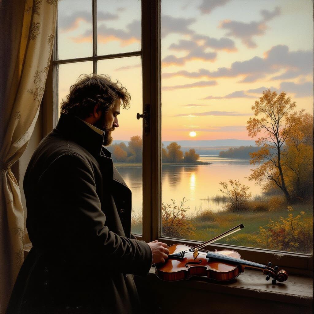 Melancholic Man by Window with Violin, Autumn Landscape