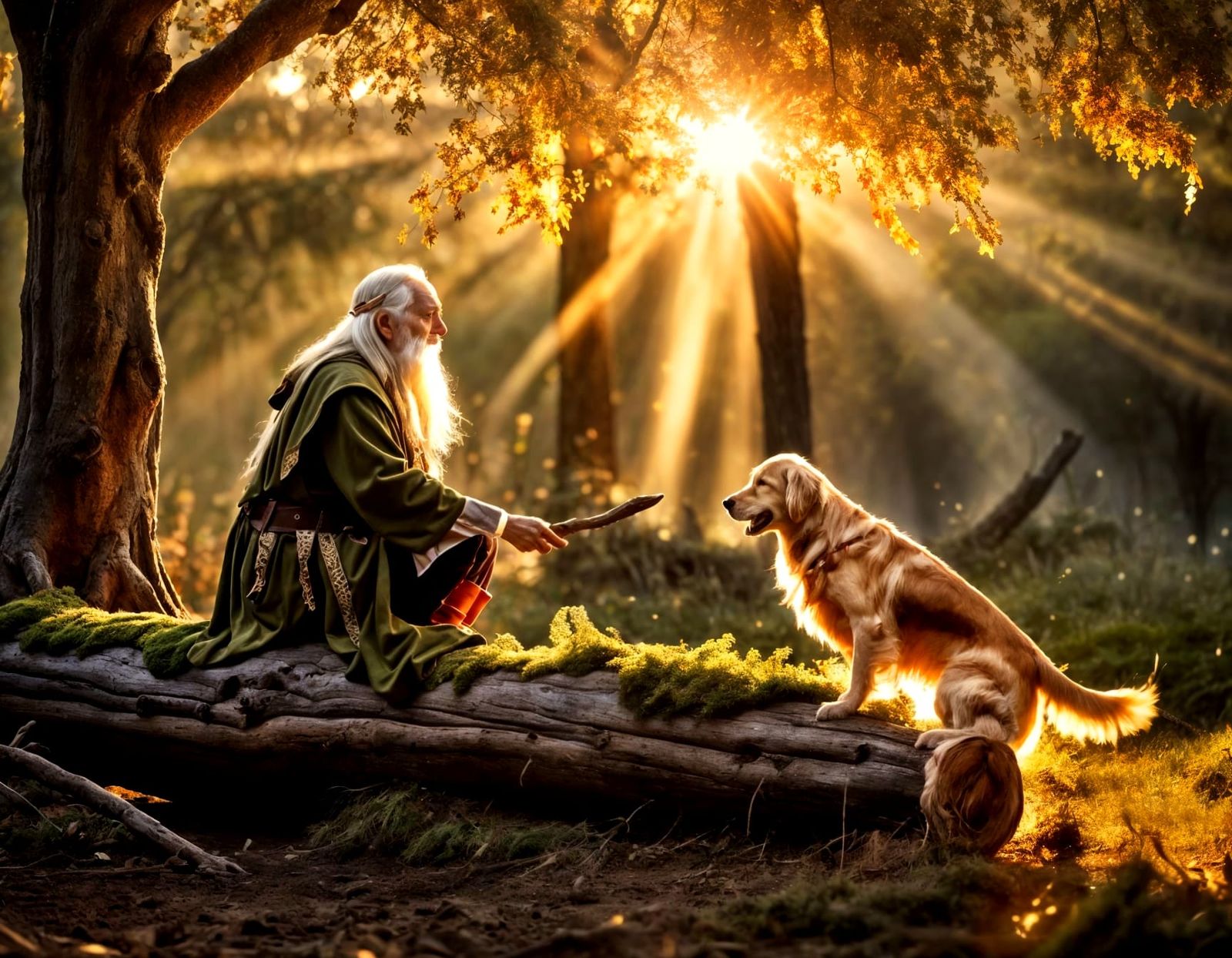 Golden Retriever and Elf in Magical Forest