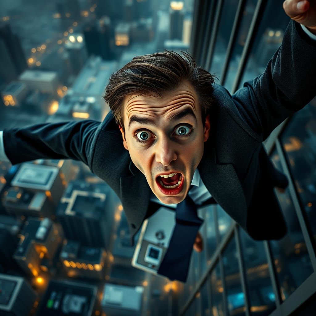 Terrified Person Falls From Skyscraper in Hyperrealism