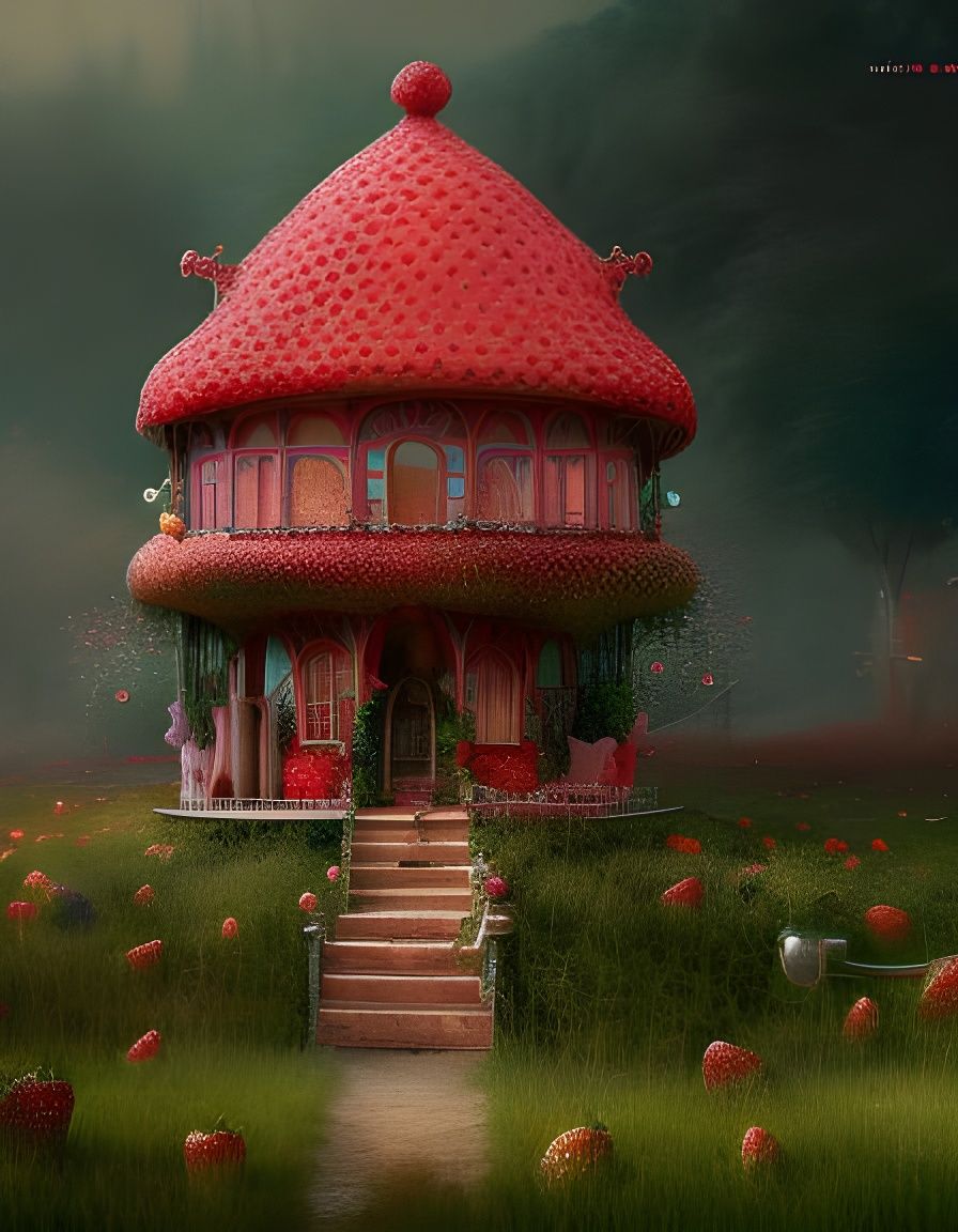 Whimsical Strawberry House in Hyperdetailed Digital Painting