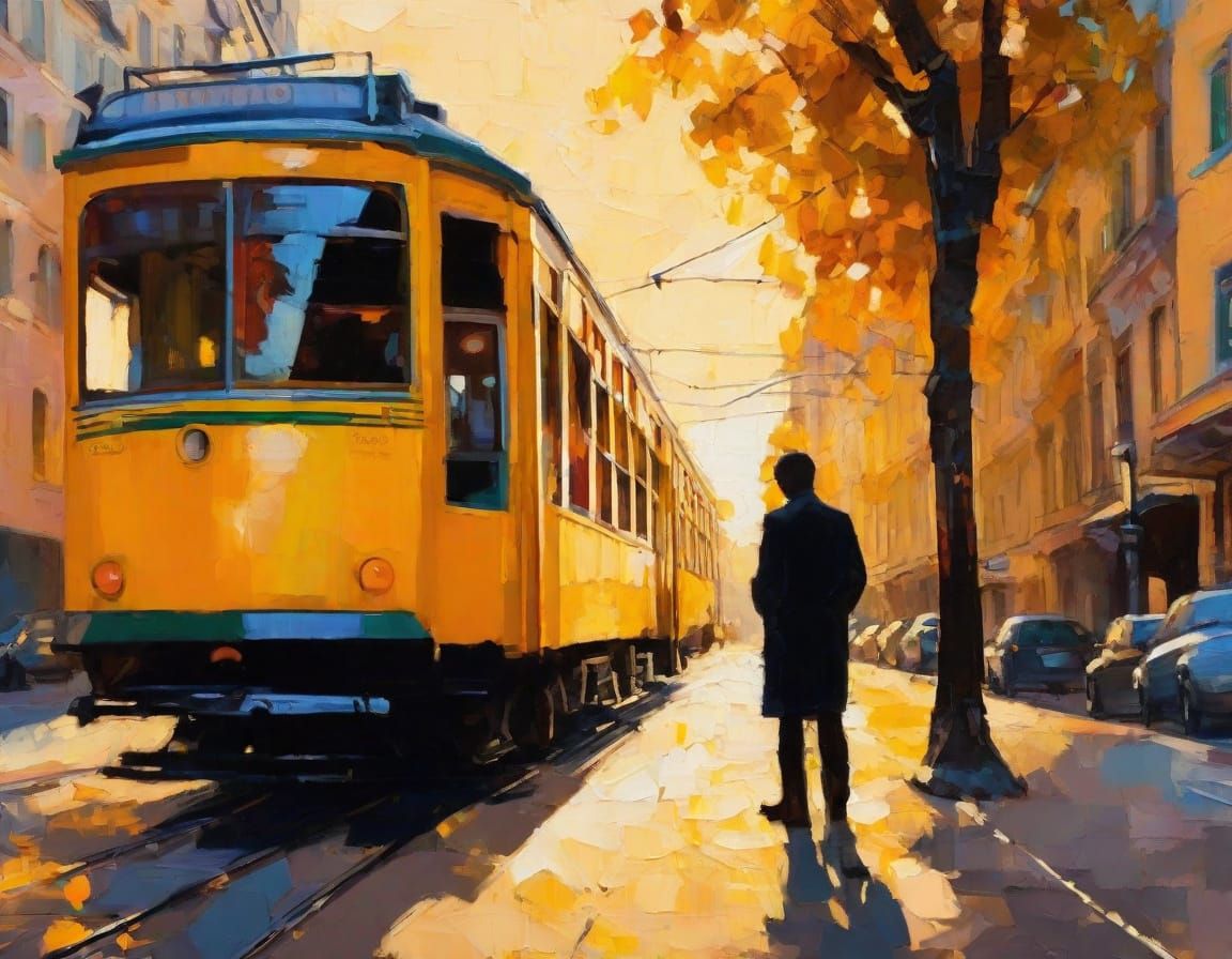 Silhouette Beside Lisbon Tram in Golden Hour Airbrush Art