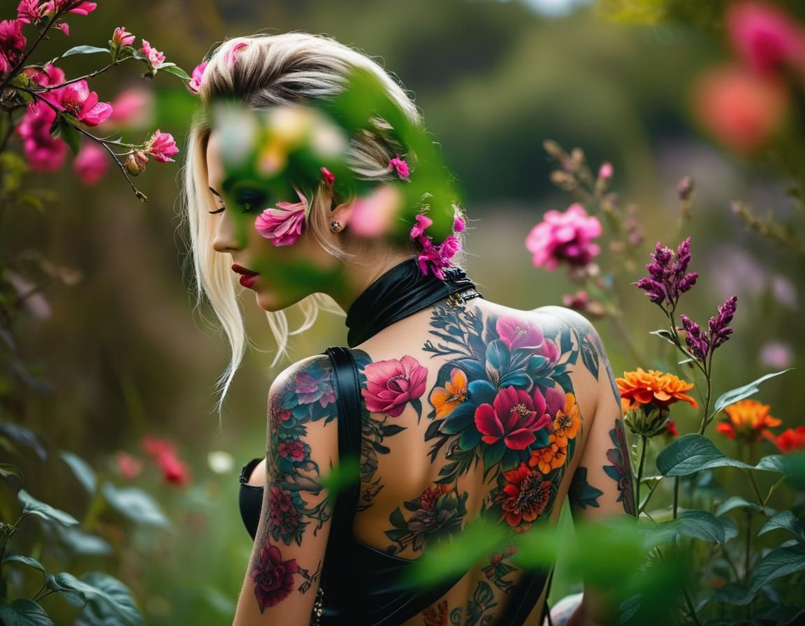 Model with Floral Tattoo in Dark Fantasy Landscape