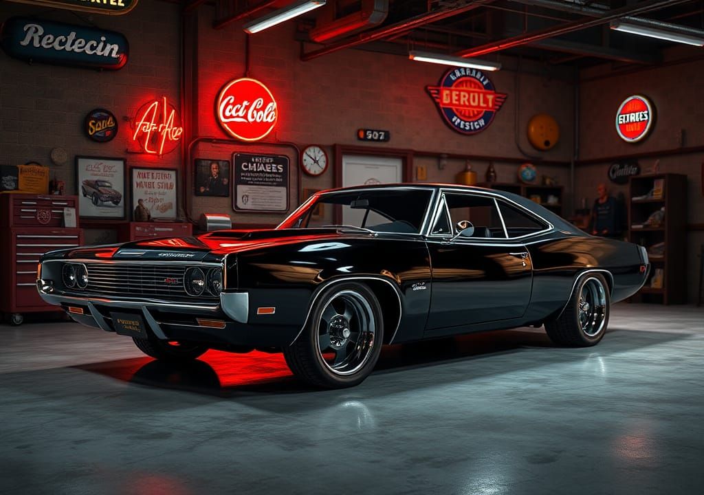 Hybrid Muscle Car in Dimly Lit Garage