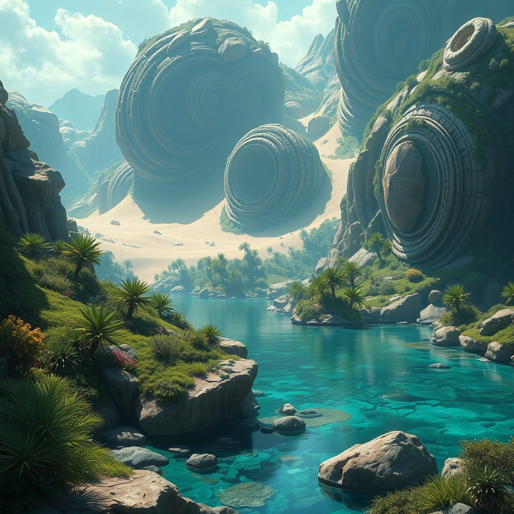 Gemstone Oasis in Desert Landscape, Digital Art