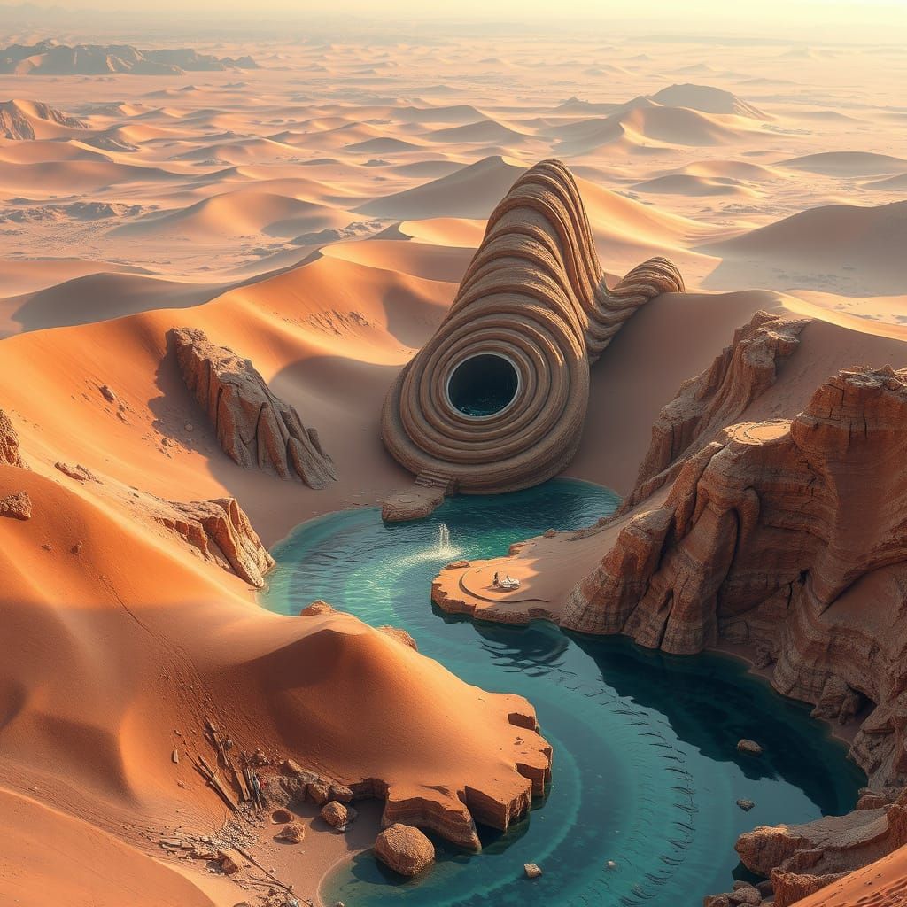 Gemstone Oasis in Dystopian Desert Landscape