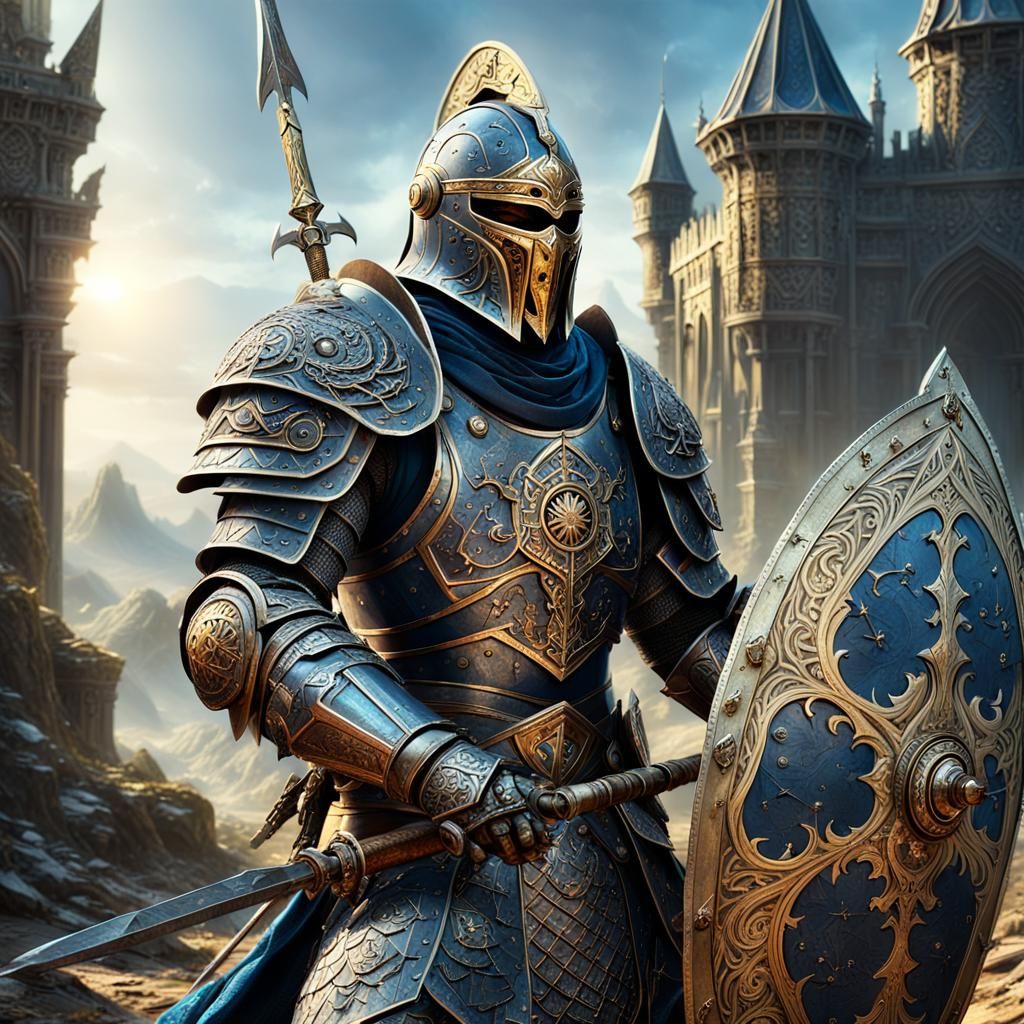 Medieval Warrior in Ornate Armor with Halberd