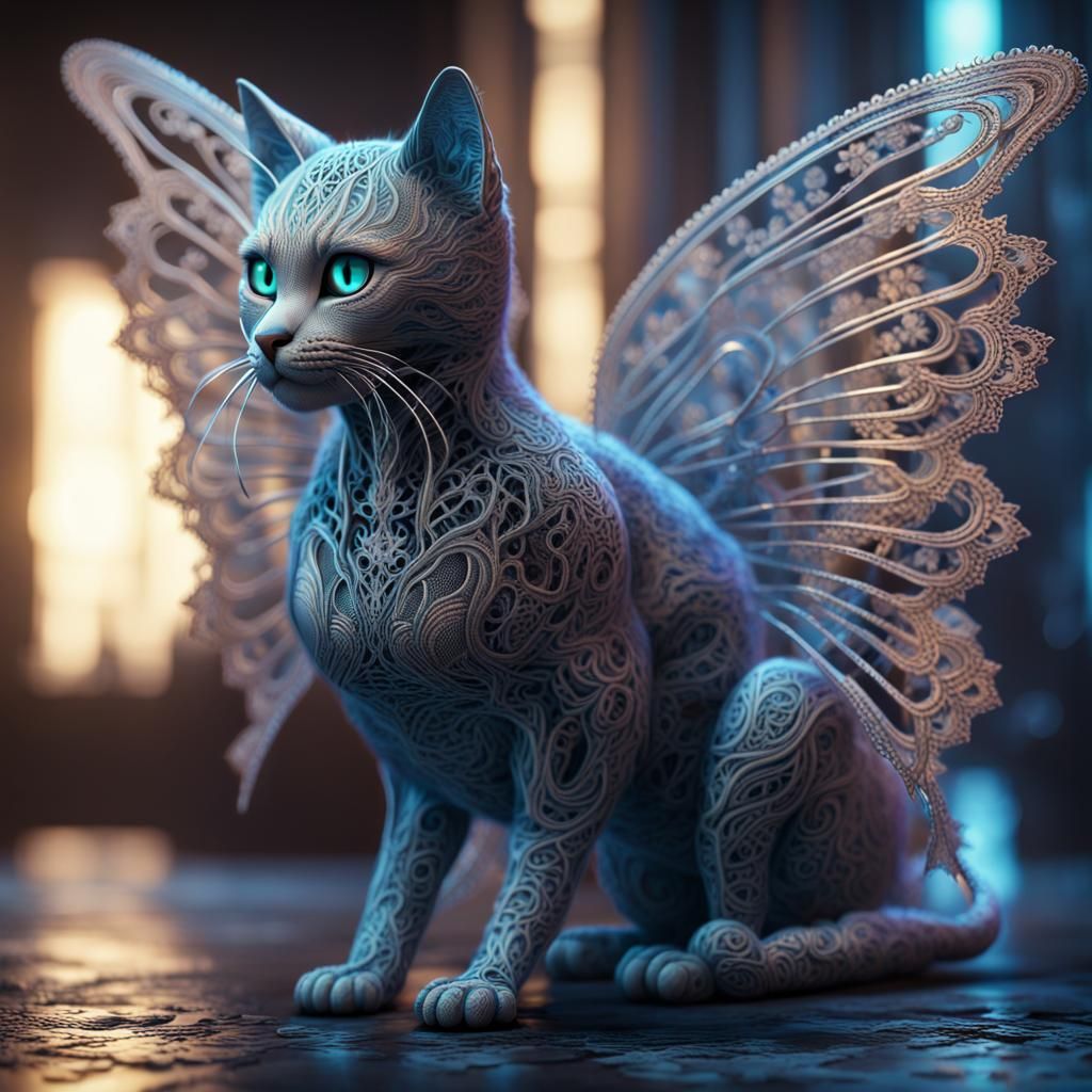 Iridescent Lace Cat with Wings in Cyberpunk Style