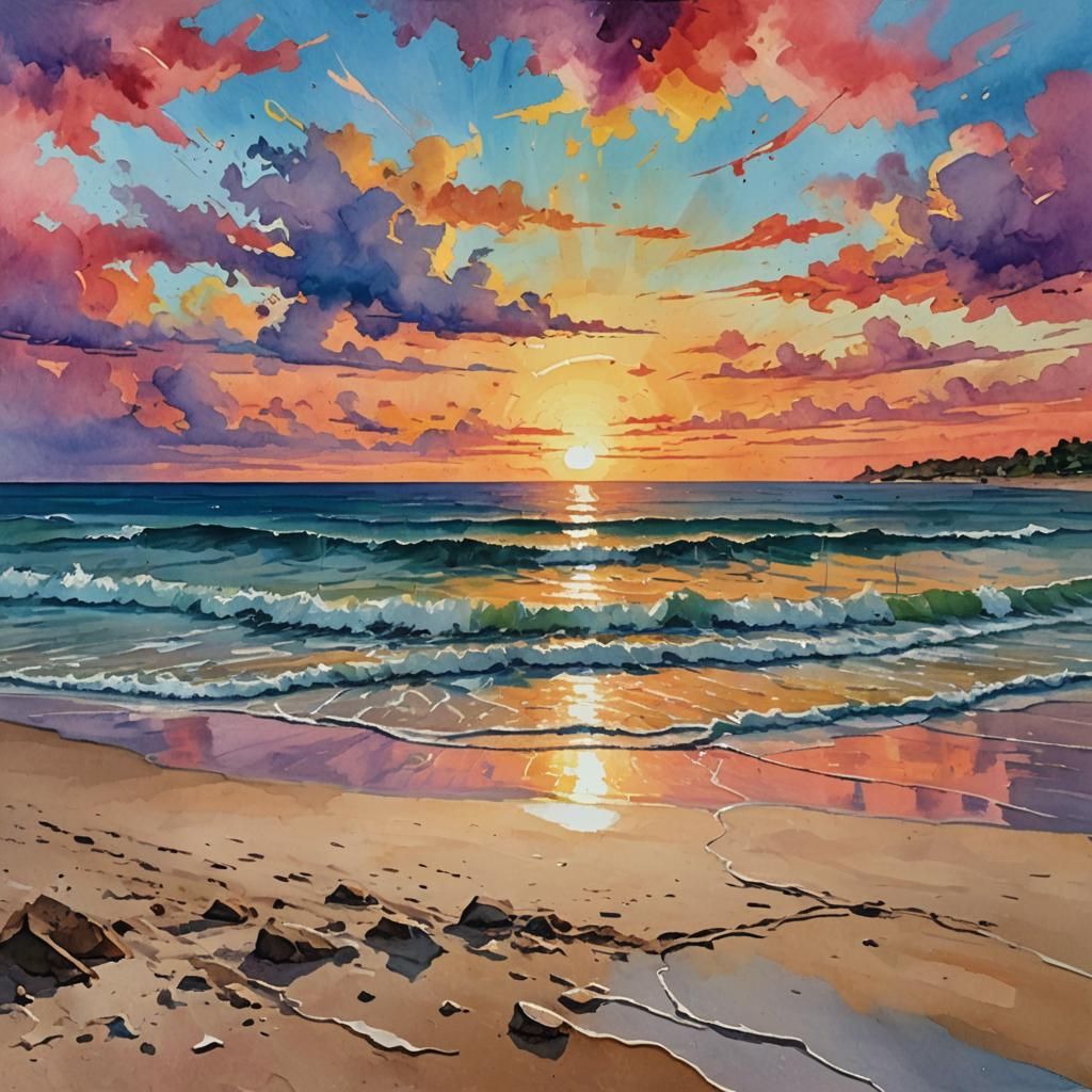 Beach Sunset in Gouache Style Impressionist Painting