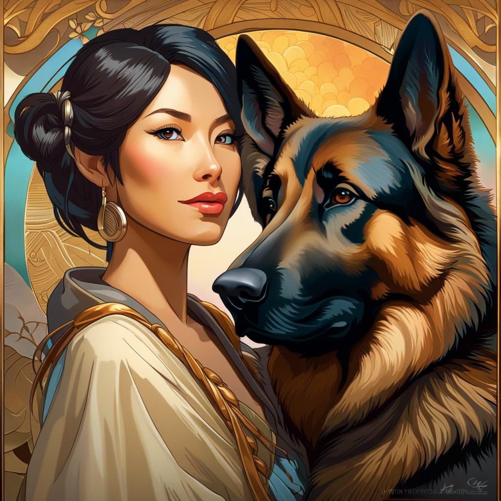 Woman and German Shepherd Portrait, Hyperdetailed Art
