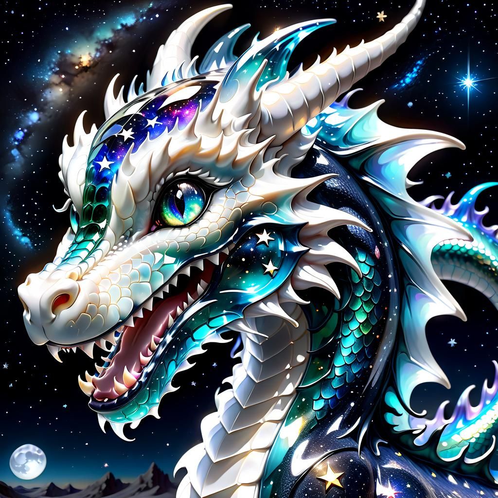 Luminescent Glass Dragon Roaring at the Moonlit Galaxy