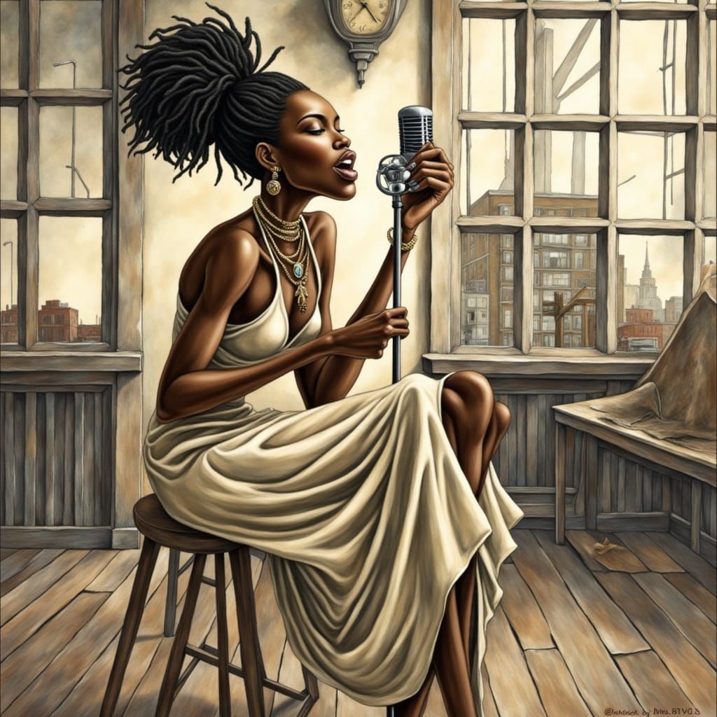 Steampunk Singer in Modern Lounge: Grayscale Sketch