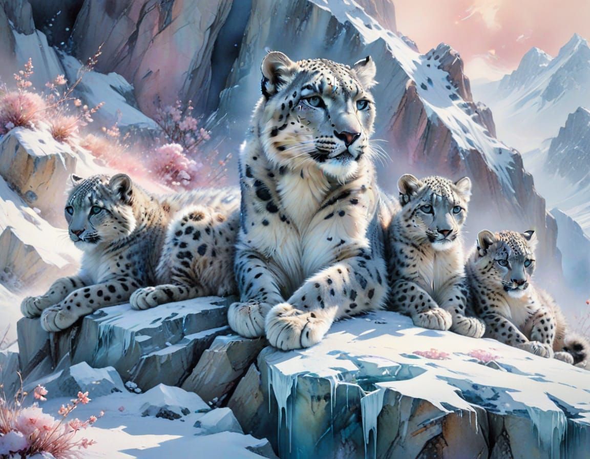 Snow Leopard Family in Watercolor