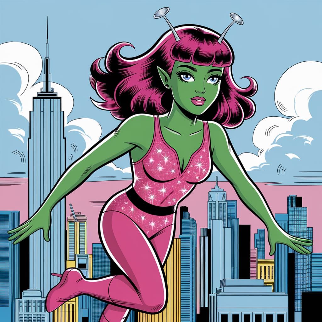 Superheroine Gazes Down at Cityscape in Comic Art Style