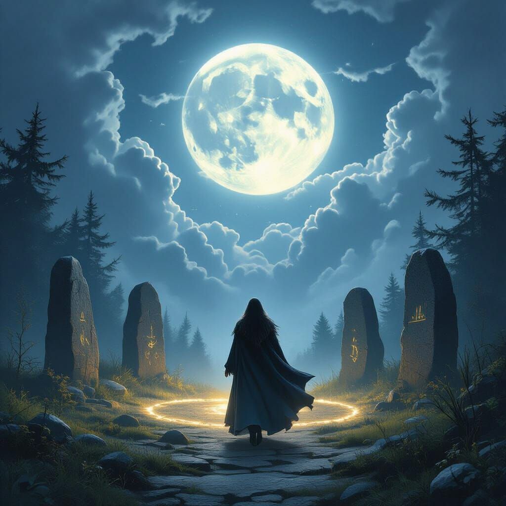 Solitary Witch Enters Ancient Stone Circle Under Hidden Moon
