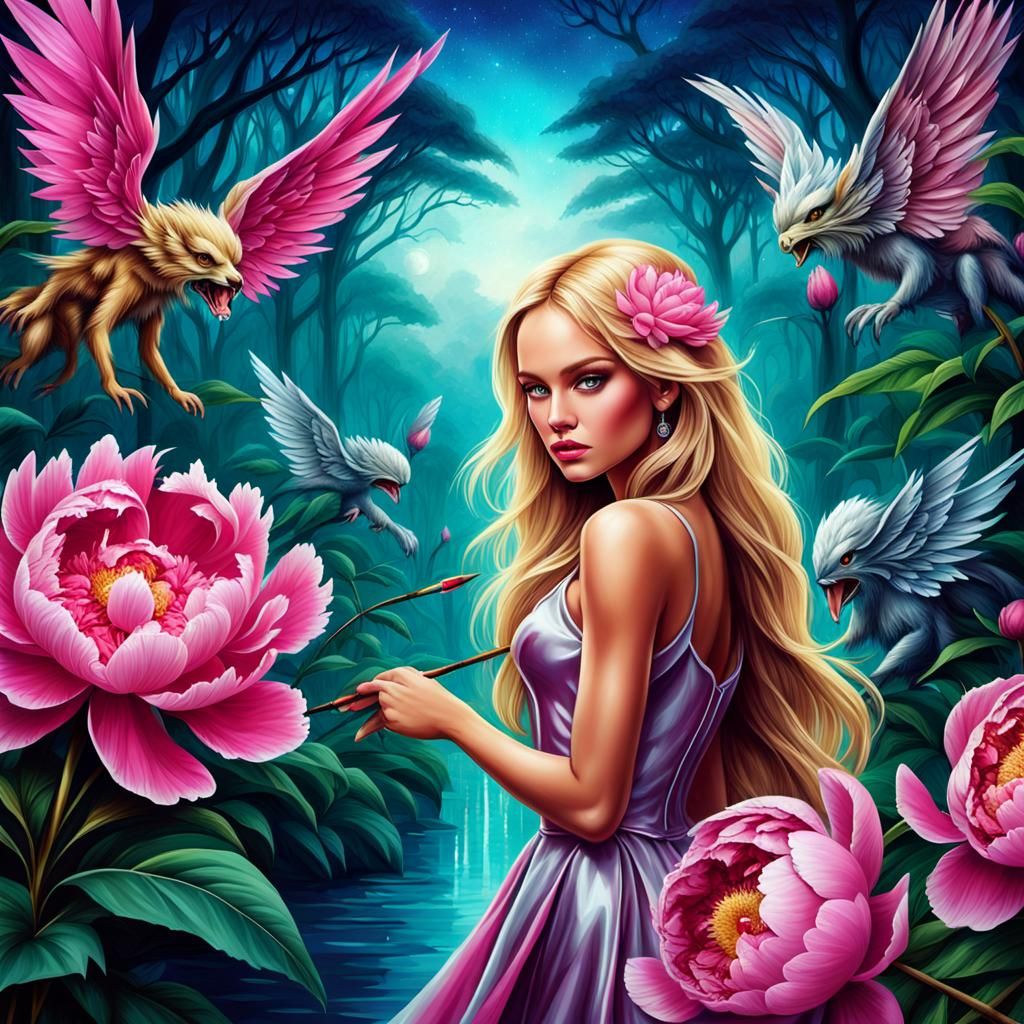 Stunning Woman in Peony Garden: Hyper Realistic Illustration