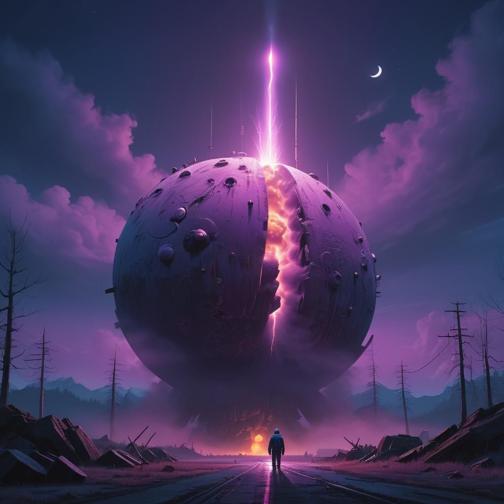 Colossal Nuclear Bomb Under Black Moon, Digital Painting