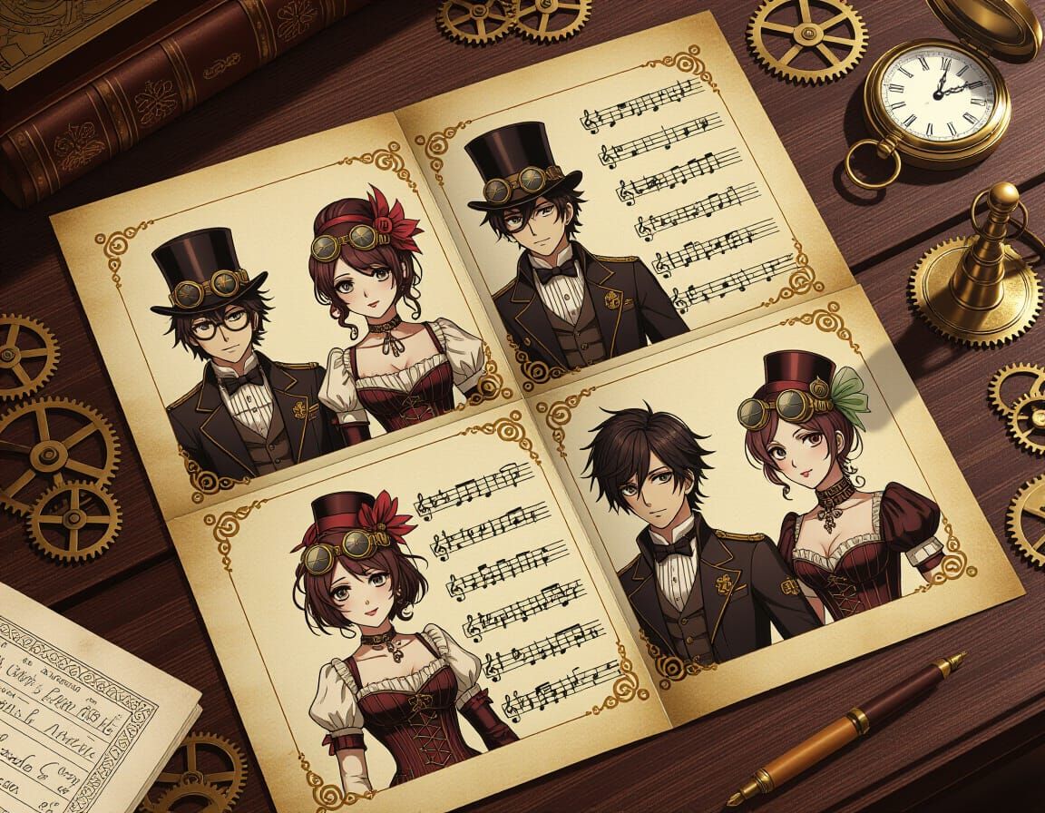 Victorian Steampunk Music Sheets in Anime Style