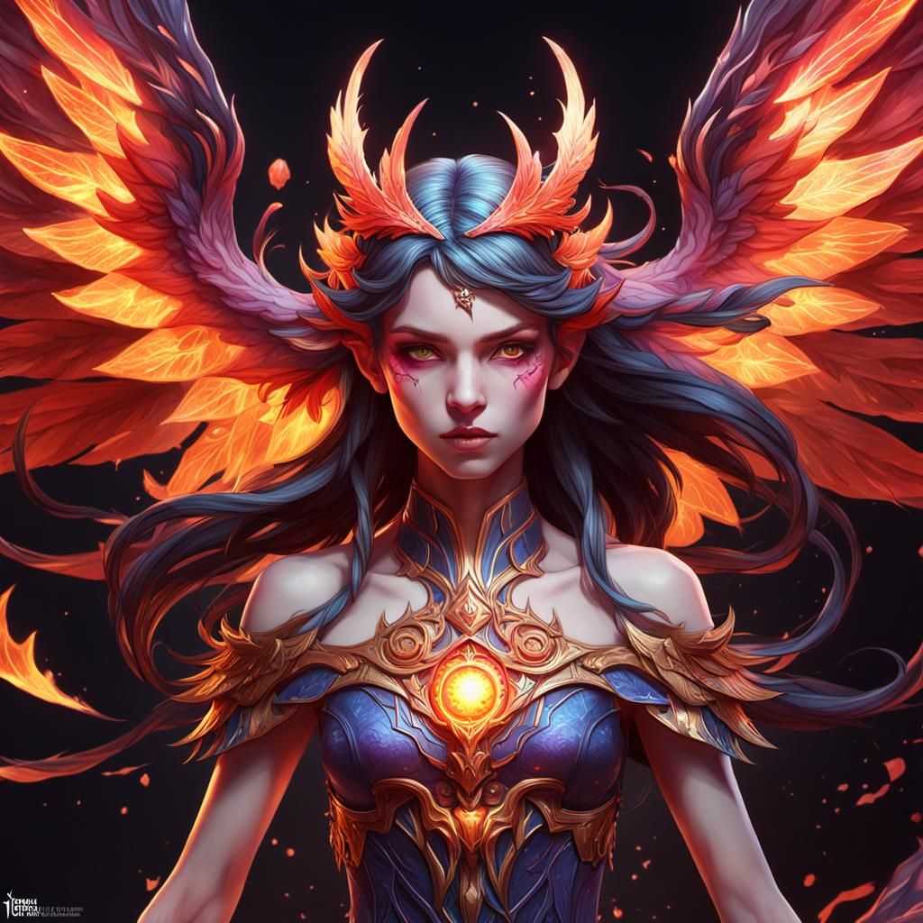 Demonic Phoenix Fairy Portrait in Hyperdetailed Digital Art