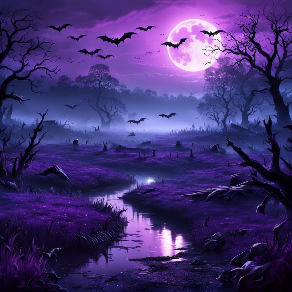 Eerie Purple Horror Sunset with Bats