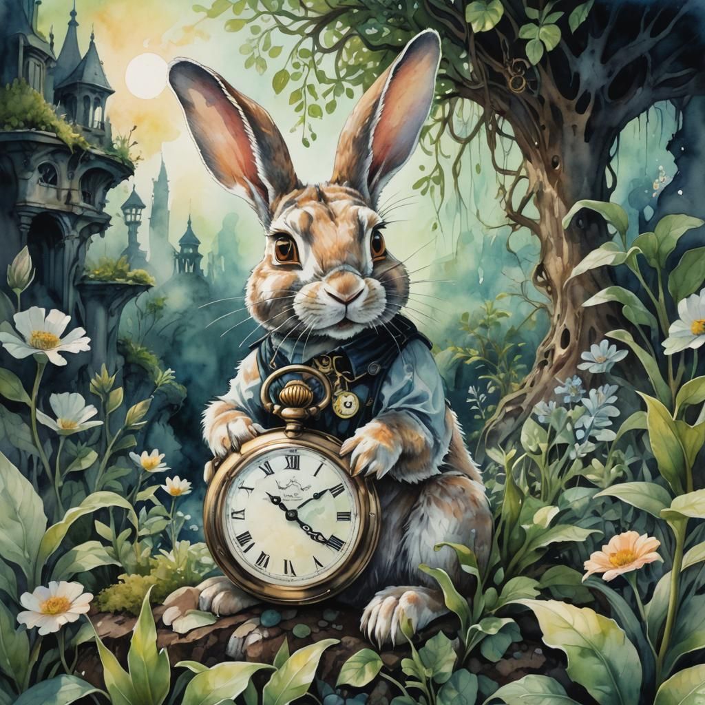 Surreal Rabbit with Melting Clock Watercolor