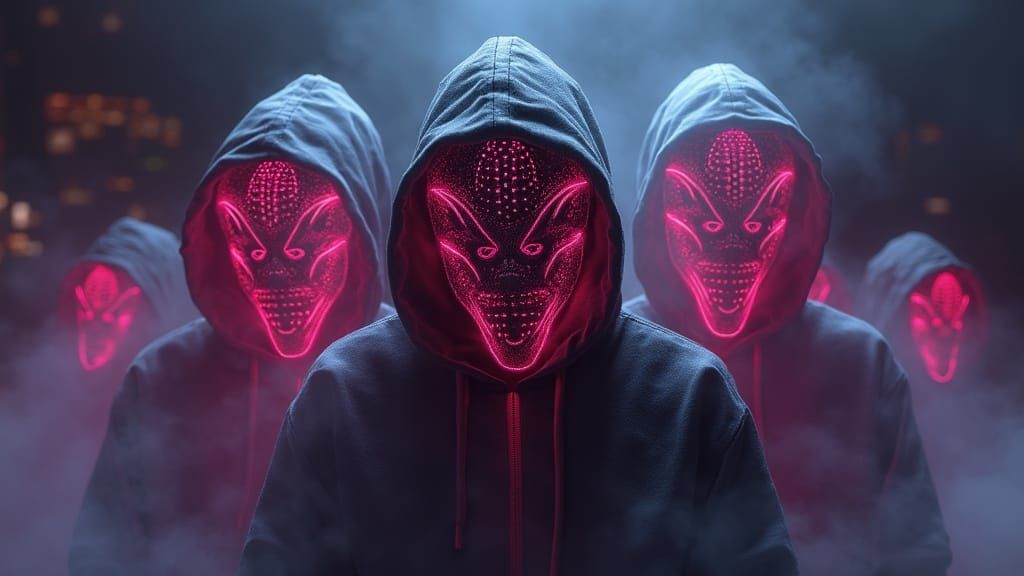 Futuristic 3D Logo Adorned with Alien Faces in Neon Glow