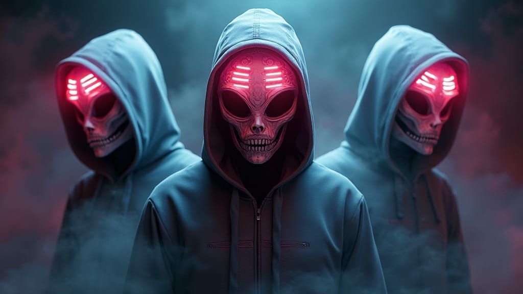 Glowing Futuristic Logo Adorned with Alien-Hoodies in Dark A...