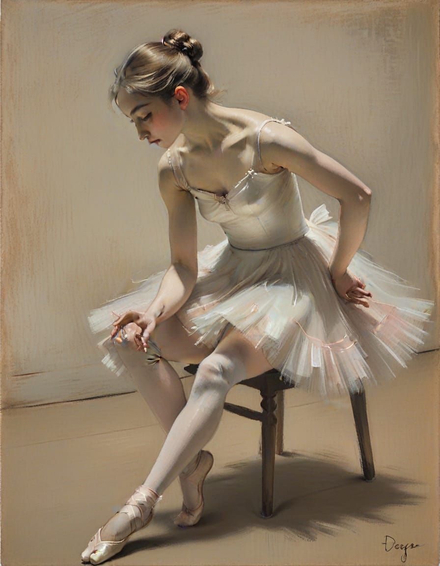 Young Dancer Stretching Backstage in Impressionist Style