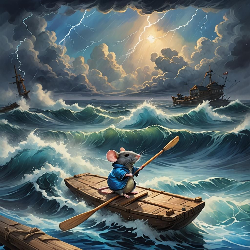 Mouse on a Raft in Stormy Sea, Watercolor Style