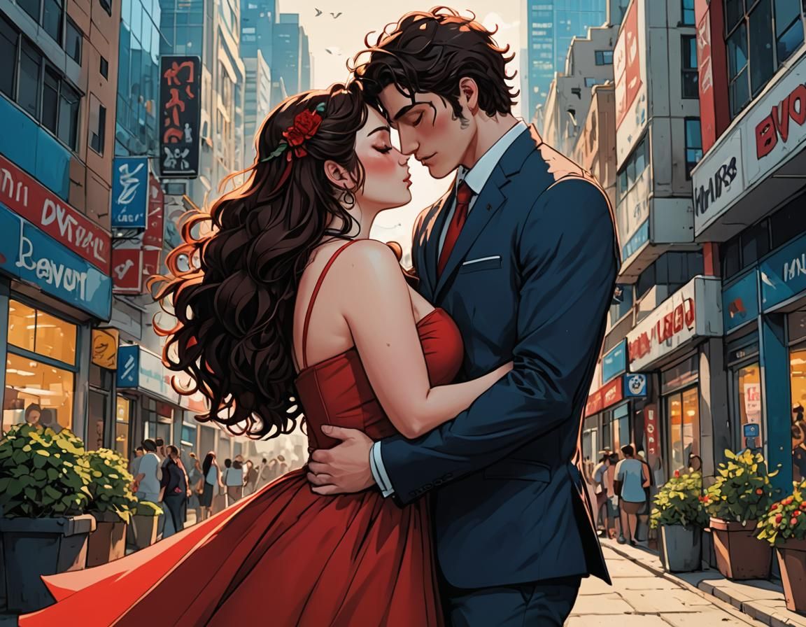 Anime Illustration: Young Couple Kissing in Grand Hall