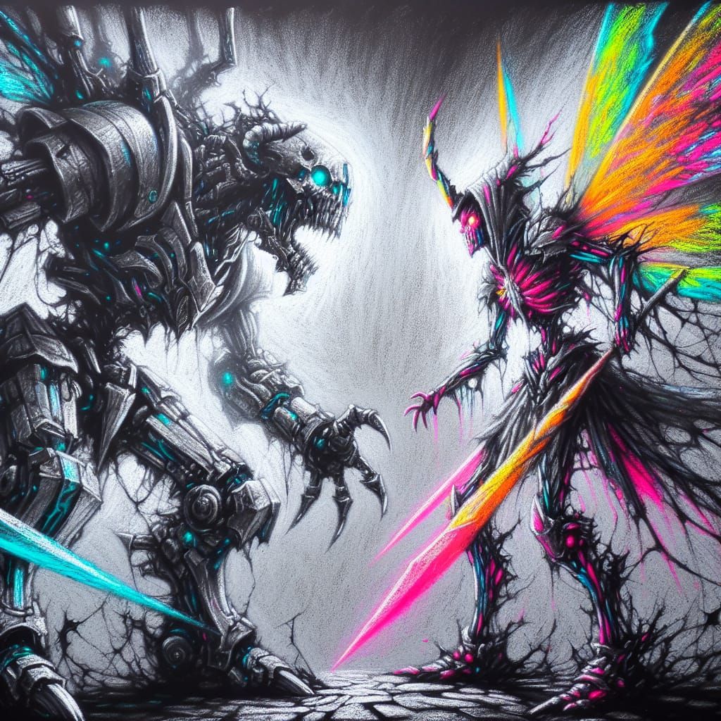 Mechanical Monster vs Sinister Fairy in Charcoal Art