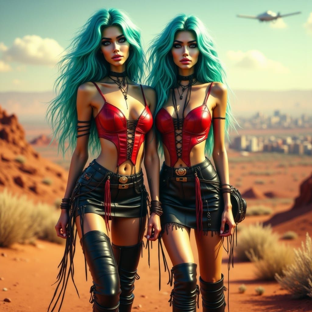 Attractive Green Alien Women Posing on Mars in Leather