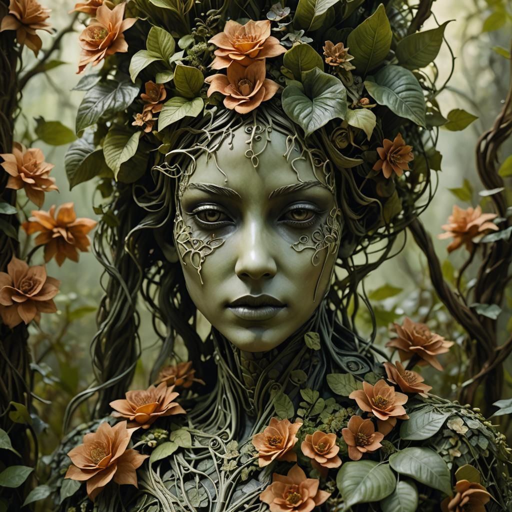 Botanical Sculpture: Floral Girl in Lush Forest