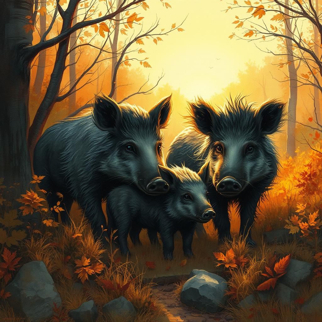 Wild Boar Family in Autumnal Watercolor Landscape