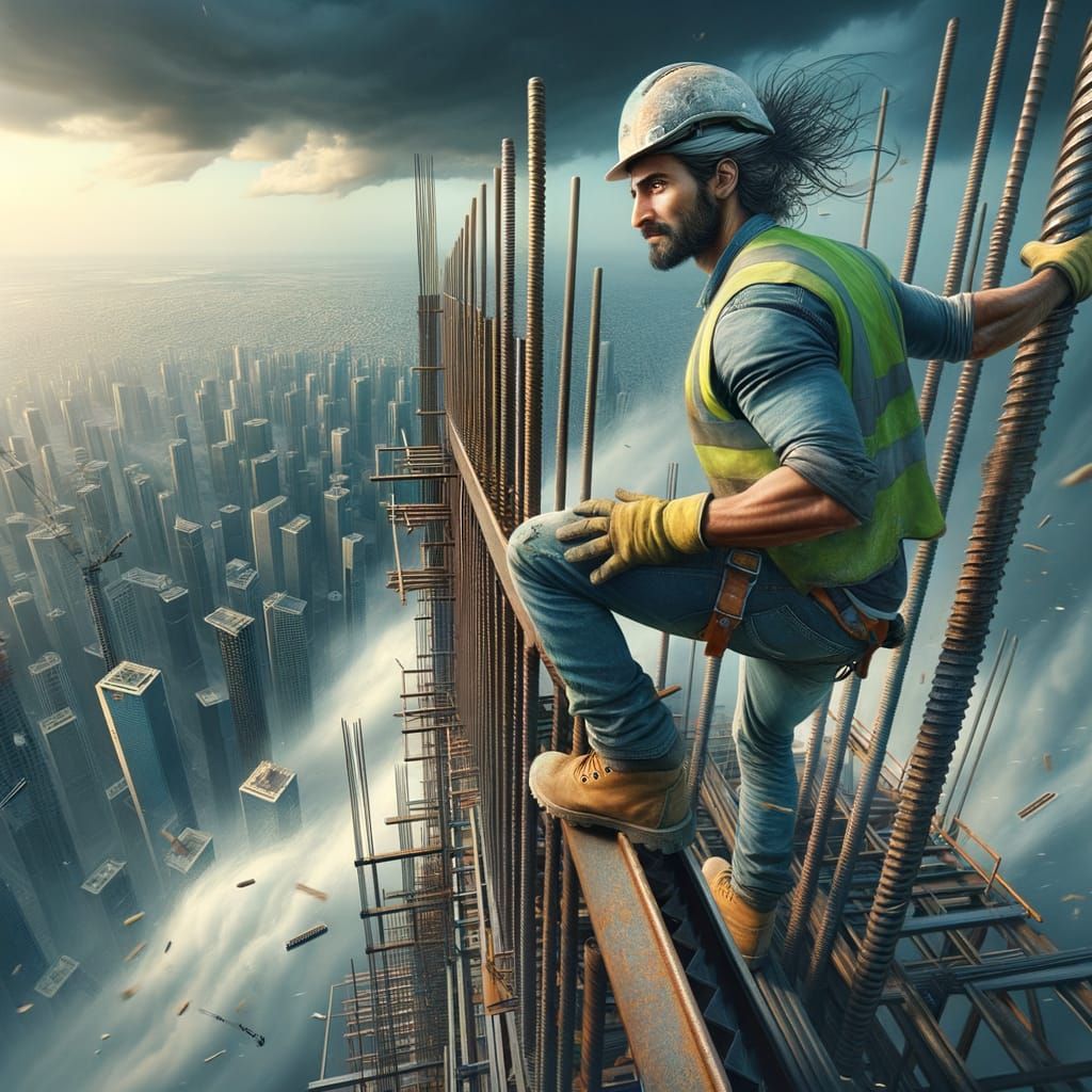 Construction Worker Balances on High-Rise Building