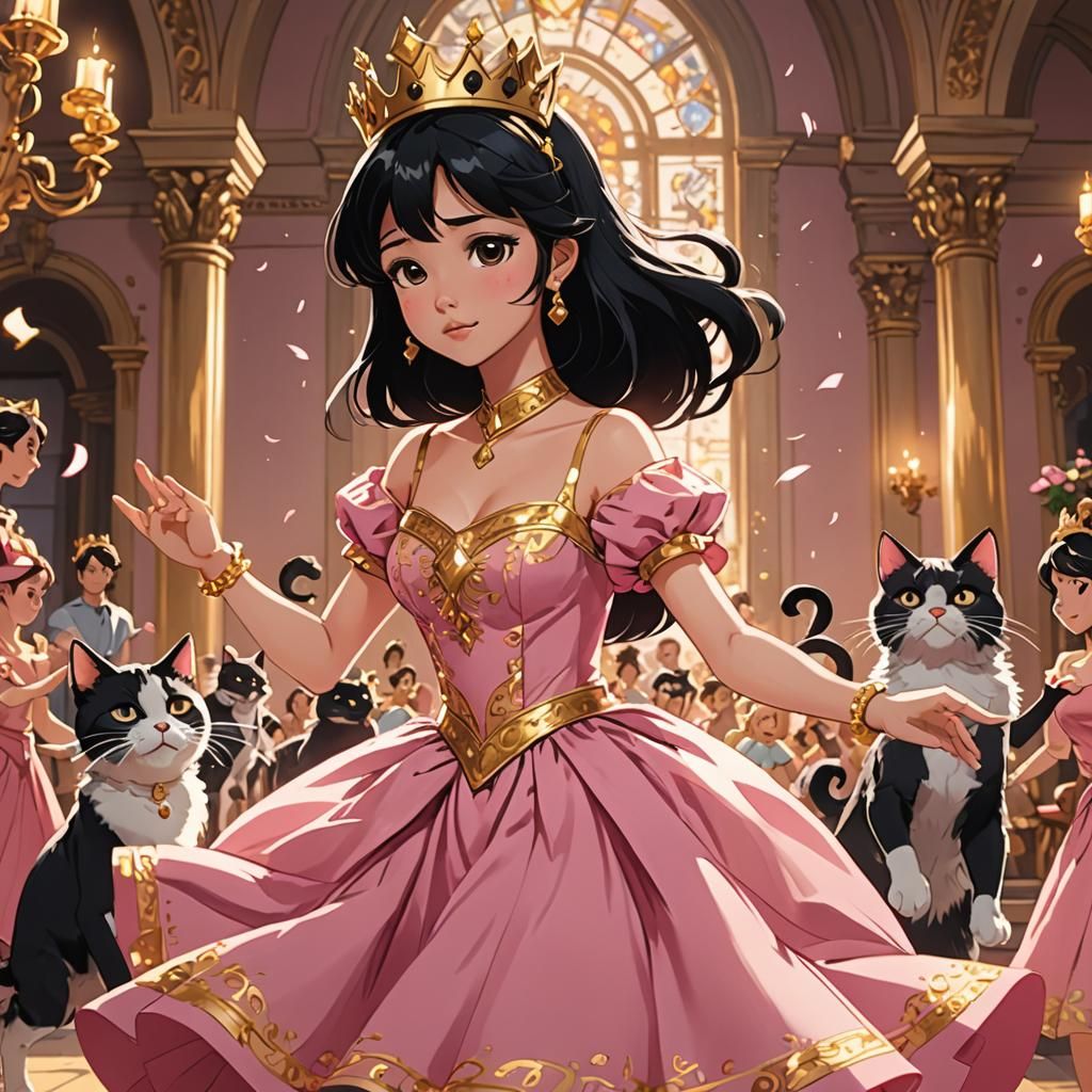 Anime Princess Dancing with Cat: Cel-Shaded Art