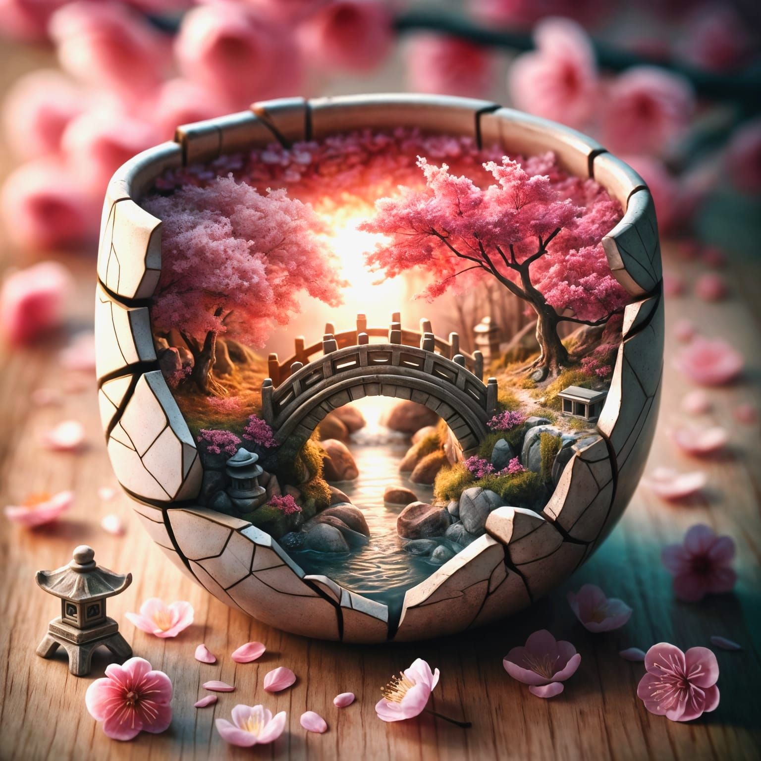 Surreal Cherry Blossom Oasis Within a Cracked Teacup in Deta...