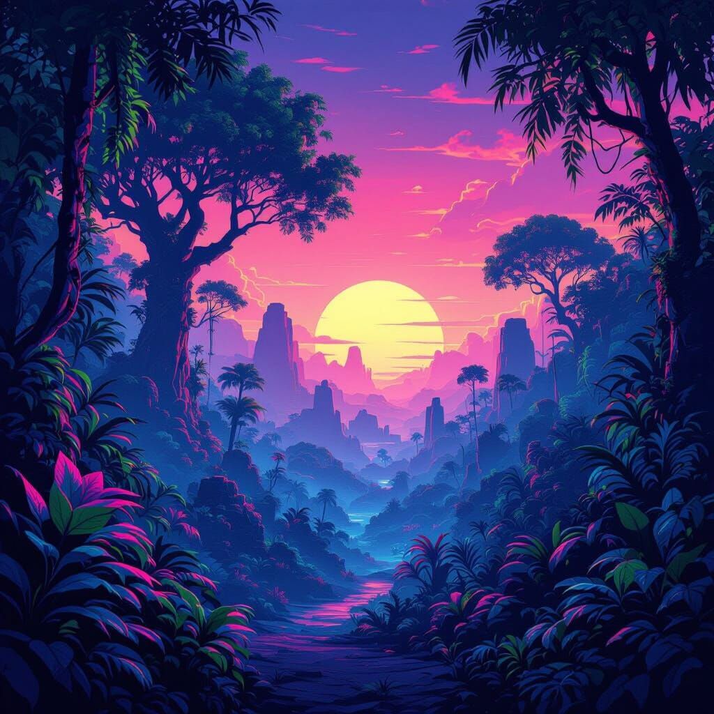 Vibrant Neon Jungle Landscape with Hidden Ruins