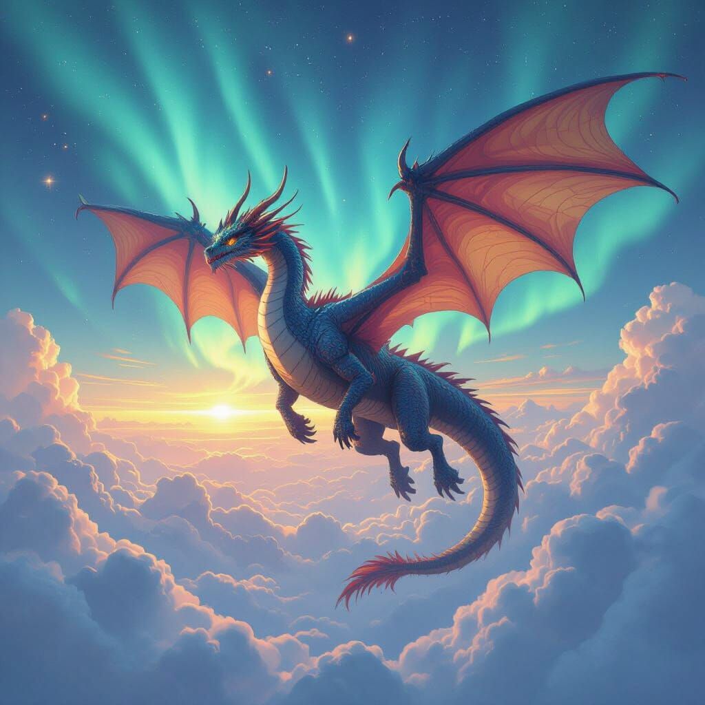 Majestic Bahamut Soaring Through Aurora Borealis