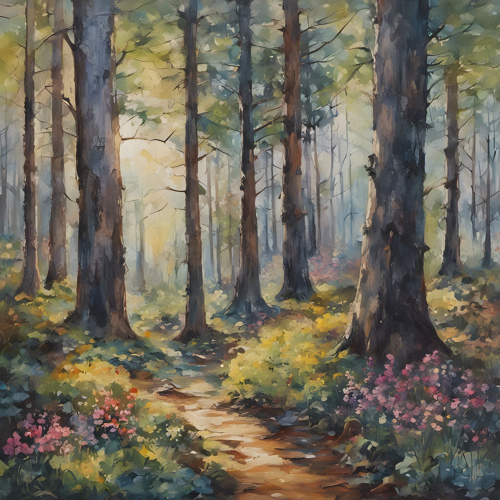 Sunlit Forest Path Oil Painting