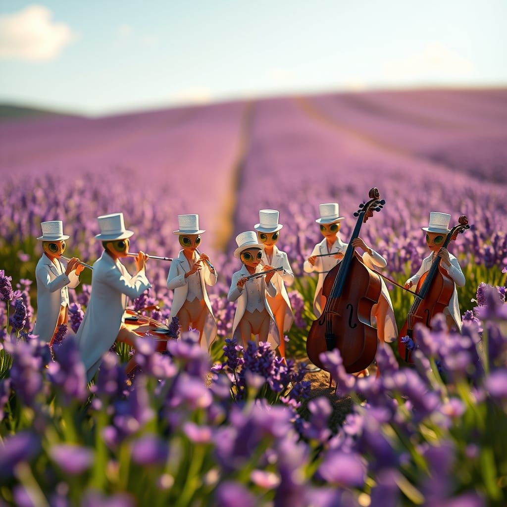 Whimsical Grasshopper Orchestra in Lavender Fields