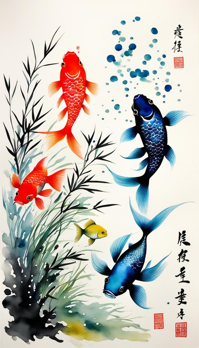 Colorful Fish in Chinese Ink Painting