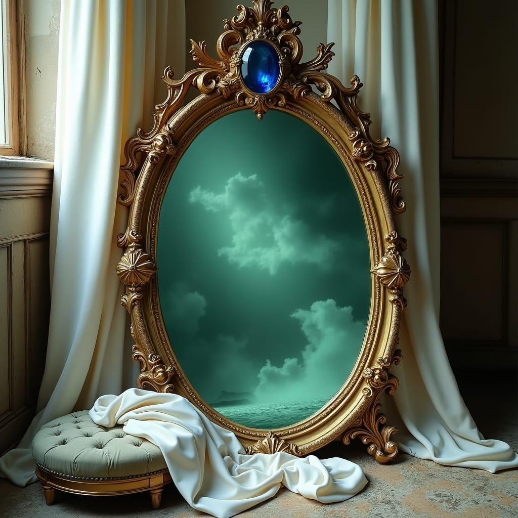 Baroque Mirror Reflects Ethereal Mist in Surreal Style