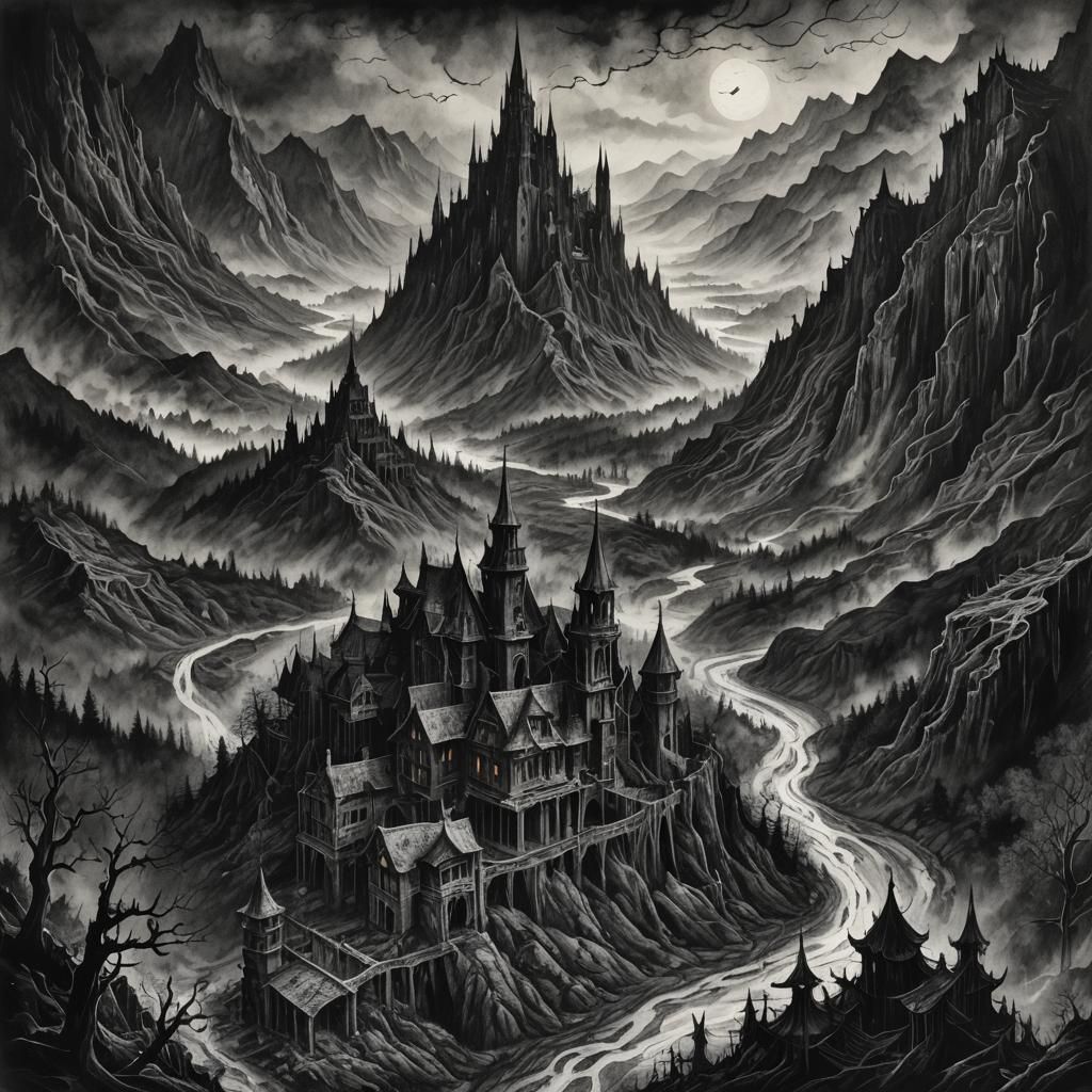 Detailed Charcoal Map of Twisted Dark Territories