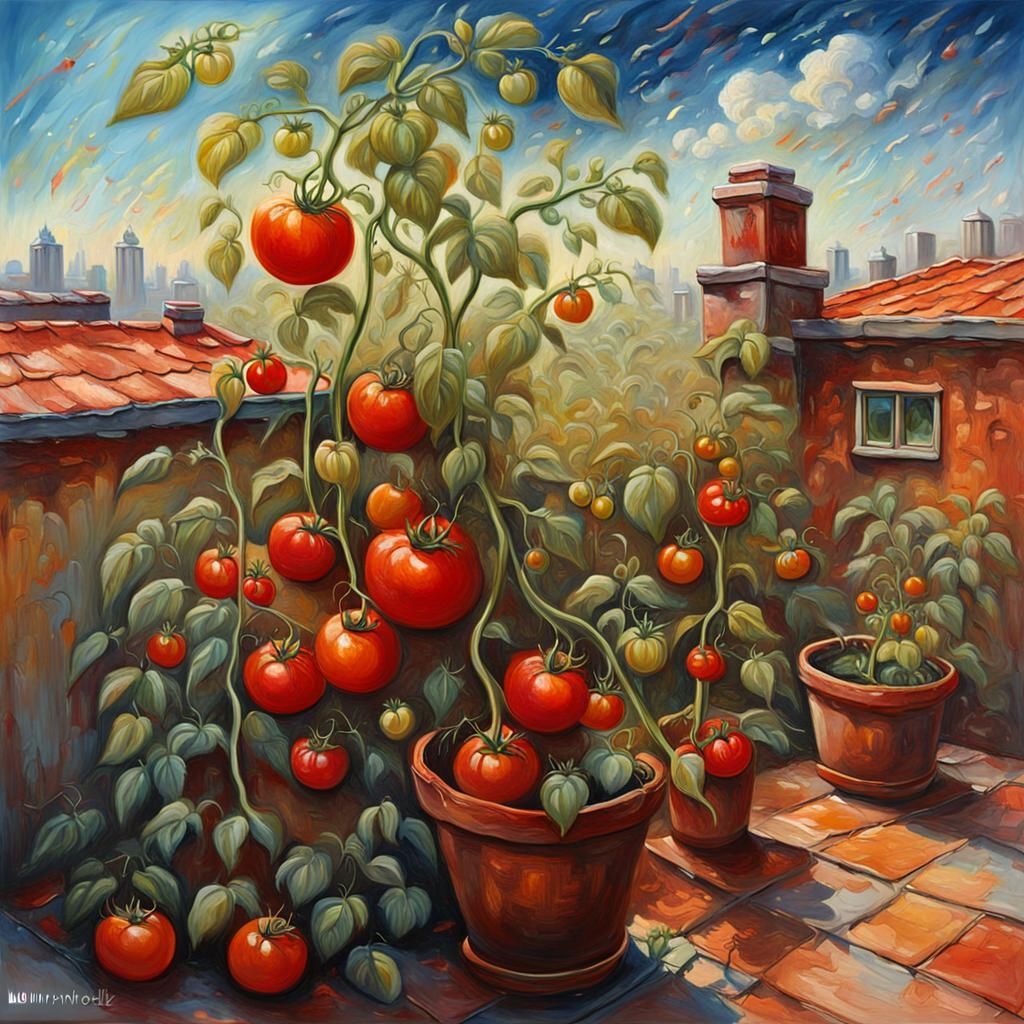 Rooftop Tomato Garden in Scratchy Oil Painting Style