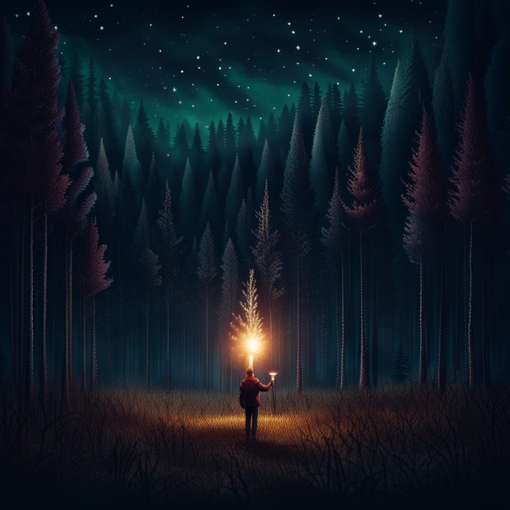 Man with Torch in Dark Forest, Gothic Horror